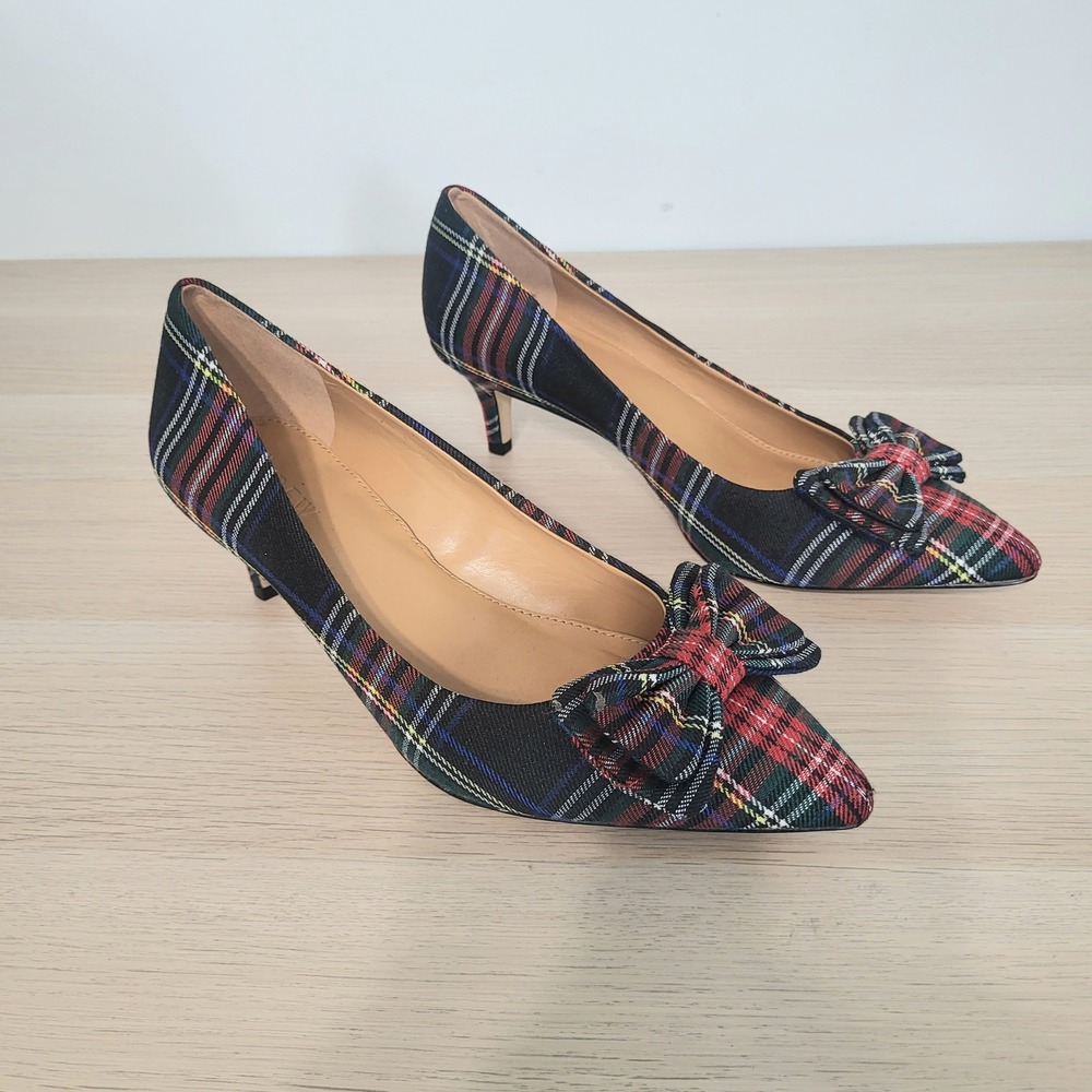 J Crew Tartan Esme Kitten Heels Bow Red Green Plaid Warm Spruce Holiday 7.5